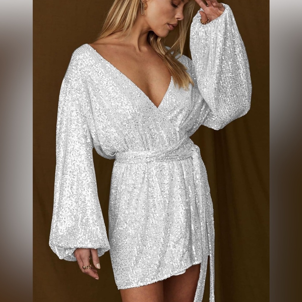 Ababalaya Sequin Mini Wrap Around V-Neck Long Puff Sleeve Dress (Silver) (XL)